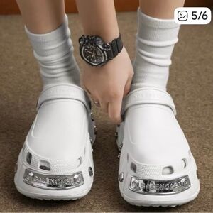 Balenciaga White Platform Clog Mules with Silver Accents